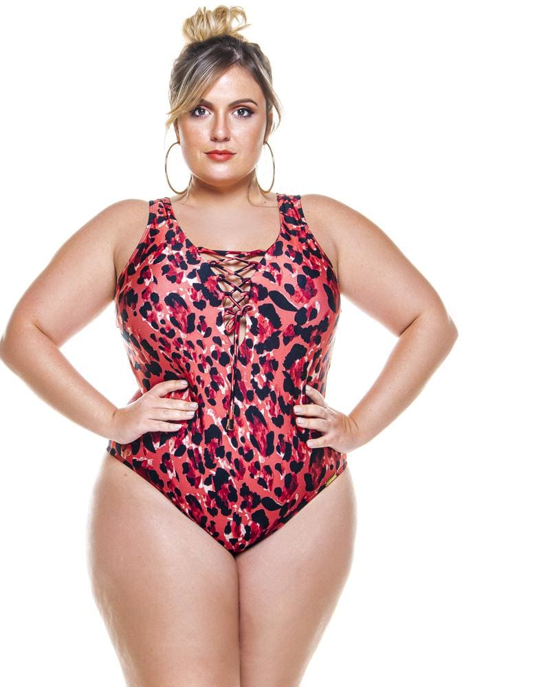 Front of a model wearing a size 22 Padded Swimsuit With Crisscross in Savanna by Lehona. | dia_product_style_image_id:267589